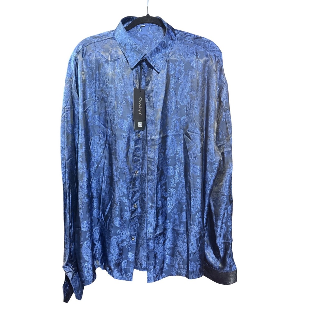 Cloudstyle Shirt Mens 3XL Woven Paisley Jacquard Luxury Button‎ Up Royal Blue